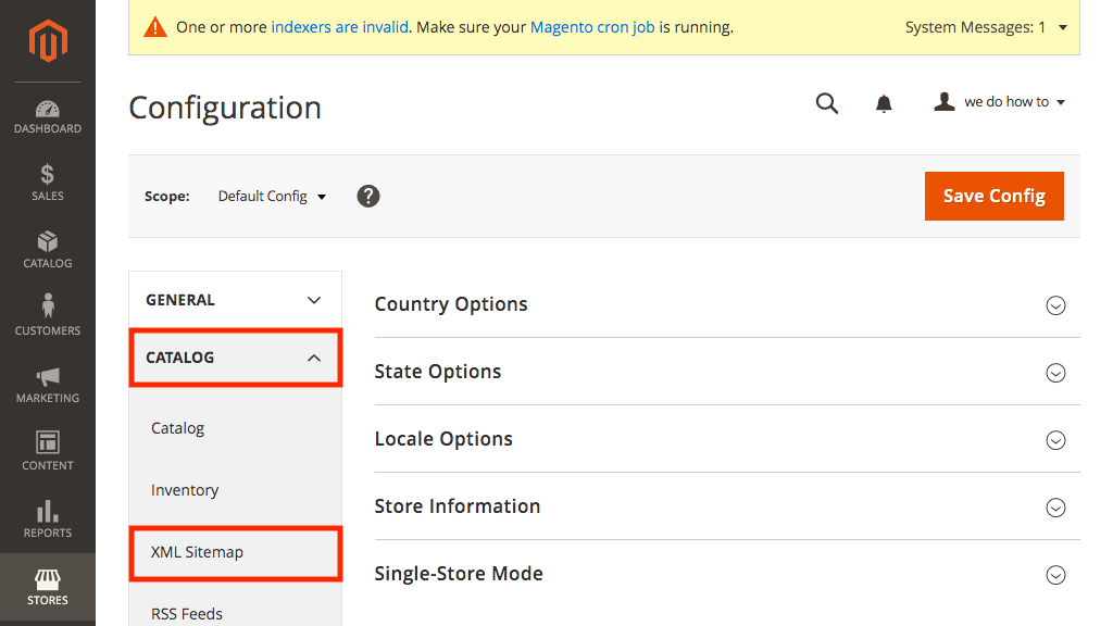 Catalog and XML Sitemap menu options - screenshot